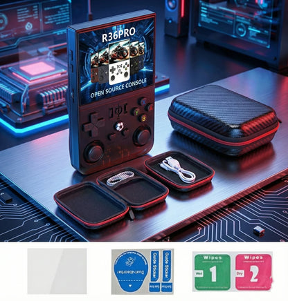 R36 PRO Retro Handheld Spielkonsole mit 3,5 Zoll IPS Display, Dual-Sticks, Carbon-Schutztasche, Zubehörboxen, USB-Kabel und Schutzfolienset.