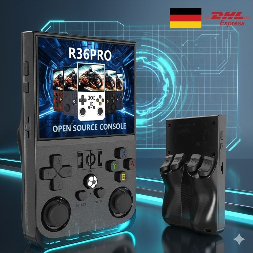 R36PRO Open-Source Handheld Konsole – tragbare Retro-Spielkonsole mit Dual-Joystick und großem Display.