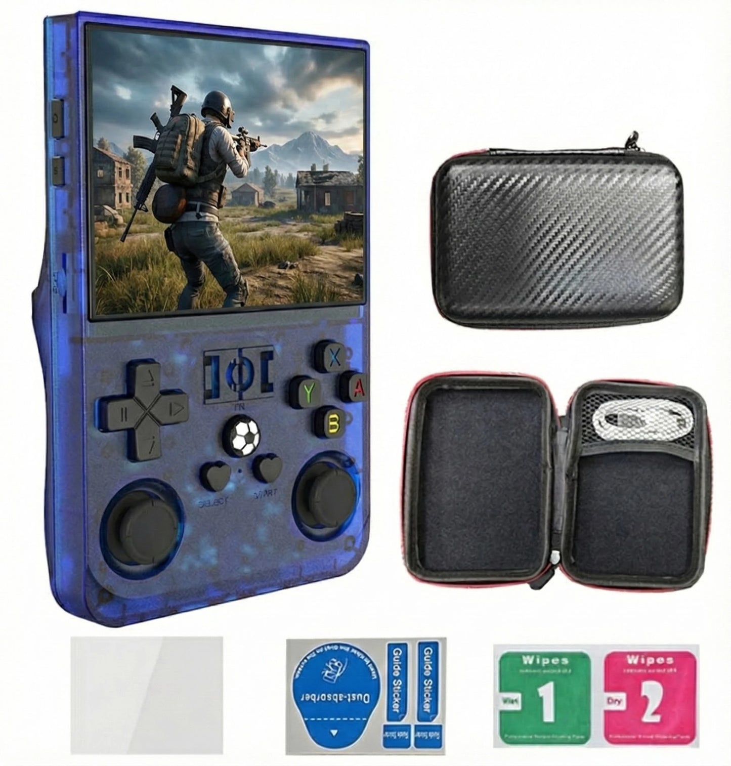 R36PRO Retro-Handheld-Spielekonsole mit realistischer Battle-Royale-Spielszene und Zubehör auf weißem Hintergrund