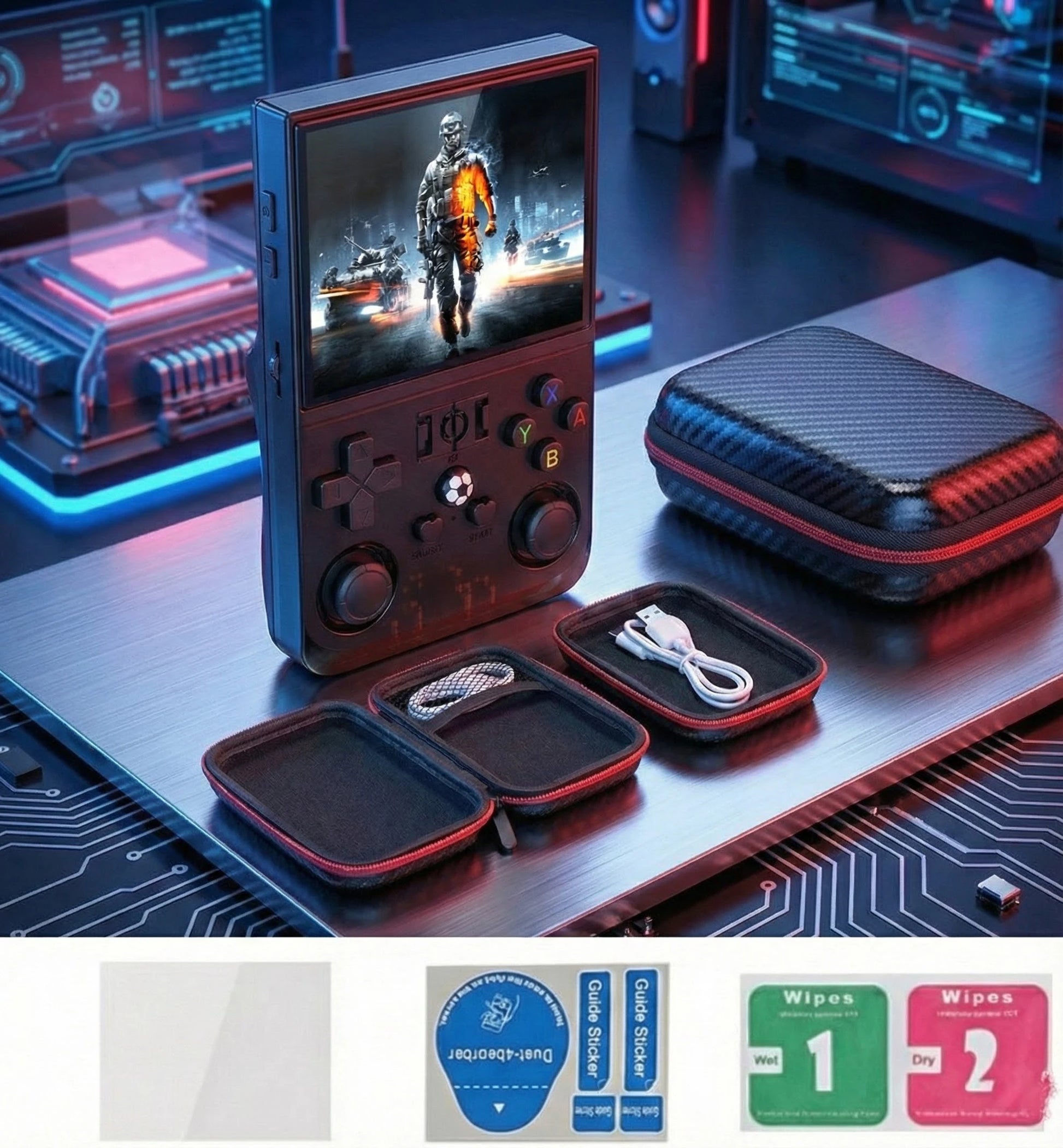 Tragbare R36PRO Gaming-Konsole mit intensiver Shooter-Spielszene auf dem Display, Etui und Zubehör im Lieferumfang