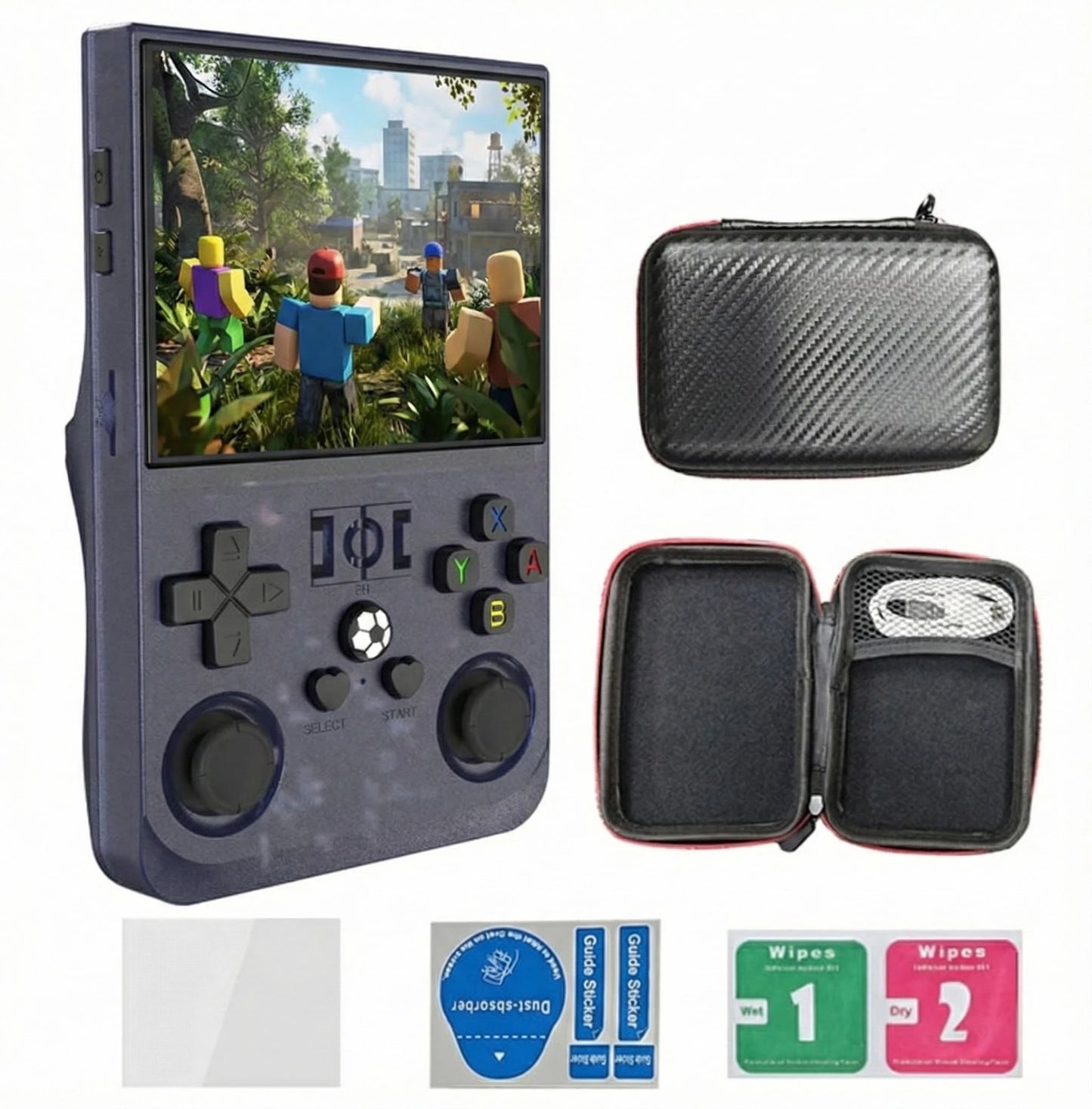 R36PRO Retro-Handheld-Spielekonsole in Grau mit Schutztasche und Zubehör auf weißem Hintergrund