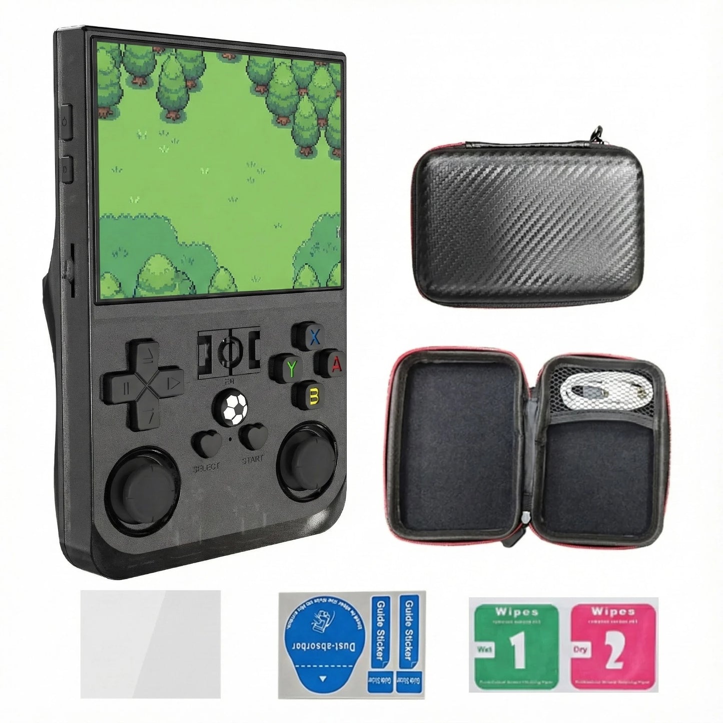 R36PRO Retro-Handheld-Spielekonsole mit Schutztasche und Zubehör auf Schwarz Hintergrund