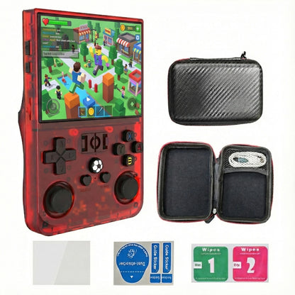 R36PRO Retro-Handheld-Spielekonsole in transparentem Rot mit Schutztasche und Zubehör auf weißem Hintergrund