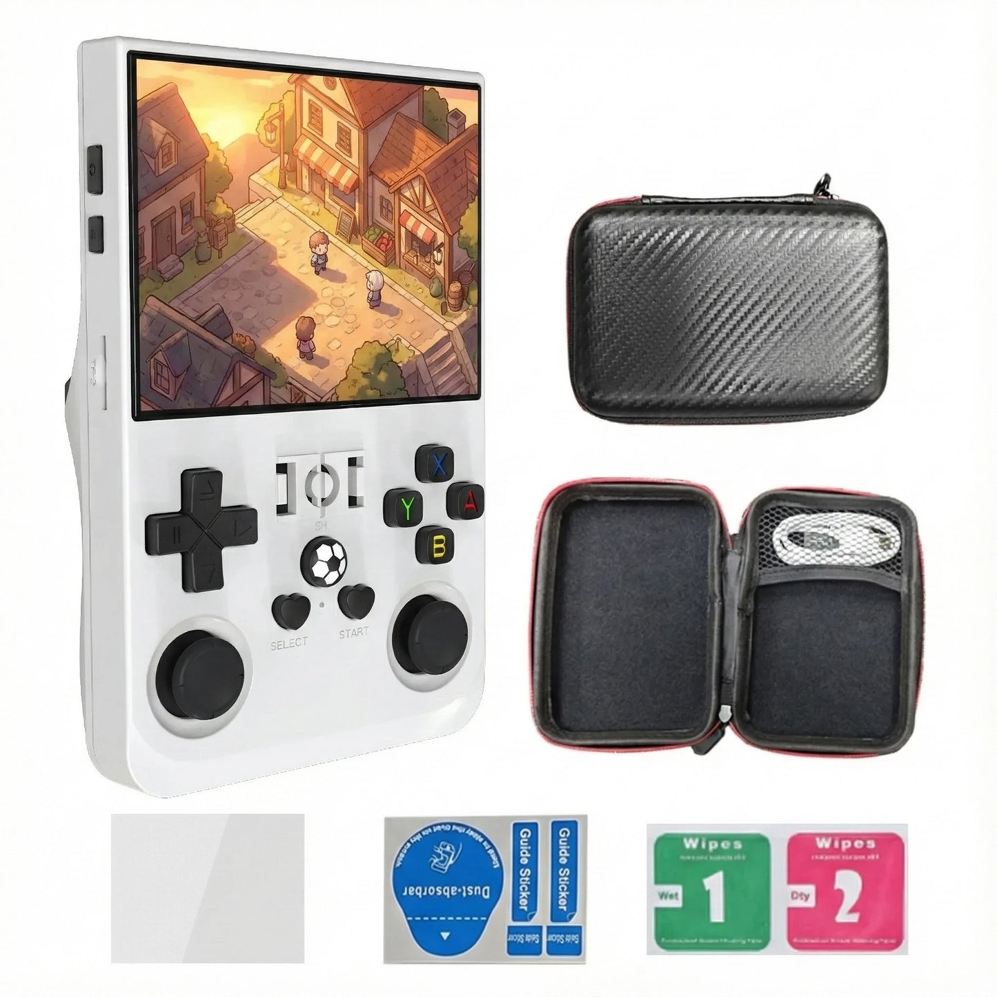R36PRO Retro-Handheld-Spielekonsole in Weiß mit Schutztasche und Zubehör auf weißem Hintergrund