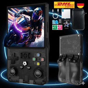 R36PRO transparente Open-Source Handheld Konsole – Retro-Spielkonsole mit großem Display, Dual-Joystick, SD-Karten und Zubehör