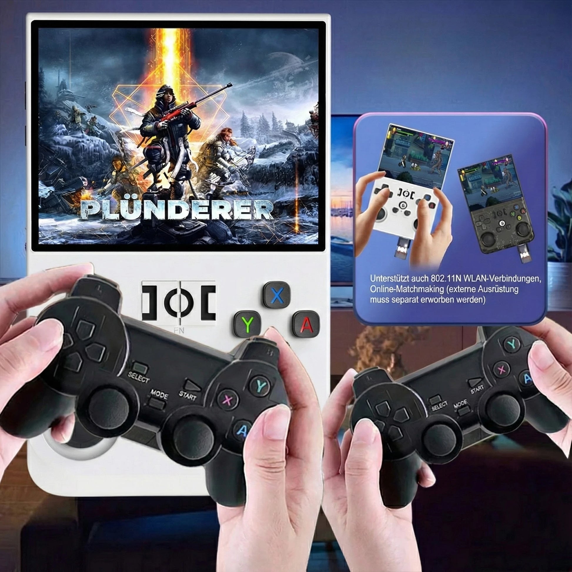 JOC Retro Handheld Spielkonsole mit Plunderer Actionspiel, zwei kabellose Controller, Verbindung mit TV und Smartphone